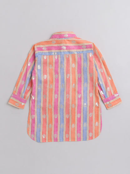 Stripes Printed Mandarin Collar Full Sleeves Pathani Kurta and Pant Set For Boys-Peach