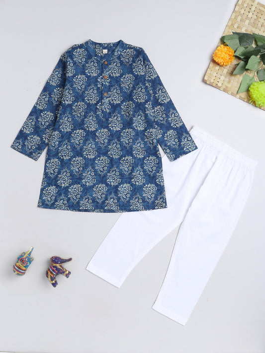 Floral Printed Mandarin Collar Full Sleeves Kurta and Pyjama Set For Boys-Blue