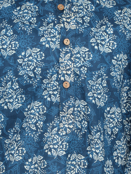 Floral Printed Mandarin Collar Full Sleeves Kurta and Pyjama Set For Boys-Blue
