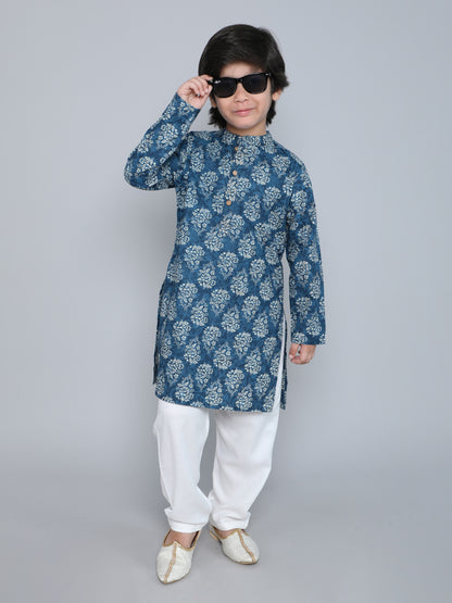 Floral Printed Mandarin Collar Full Sleeves Kurta and Pyjama Set -Blue