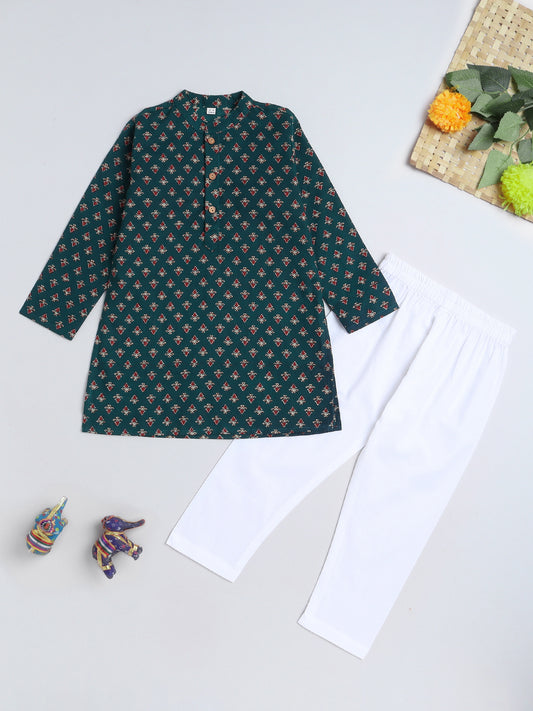 Floral Printed Mandarin Collar Full Sleeves Kurta and Pant Set For Boys-Navy Blue