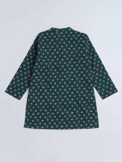 Floral Printed Mandarin Collar Full Sleeves Kurta and Pant Set For Boys-Navy Blue