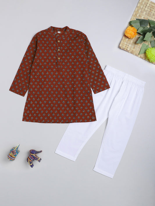 Floral Printed Mandarin Collar Full Sleeves Kurta and Pant Set For Boys-Maroon