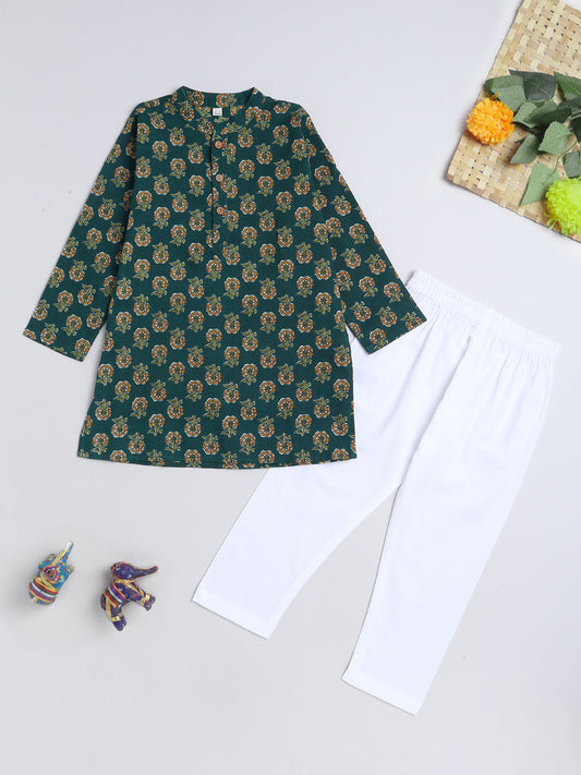 Floral Printed Mandarin Collar Full Sleeves Kurta and Pant Set For Boys-Teal