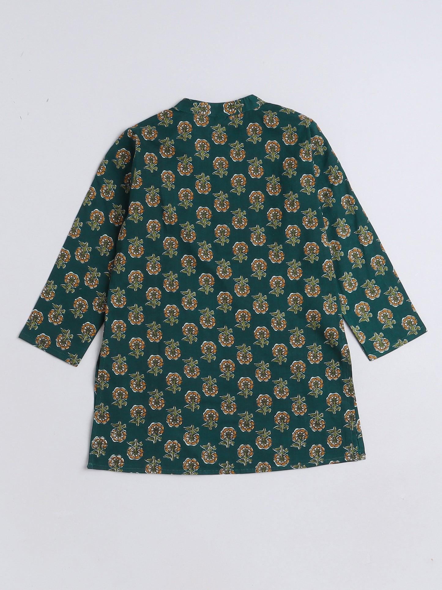 Floral Printed Mandarin Collar Full Sleeves Kurta and Pant Set For Boys-Teal