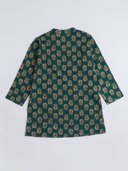 Floral Printed Mandarin Collar Full Sleeves Kurta and Pant Set For Boys-Teal