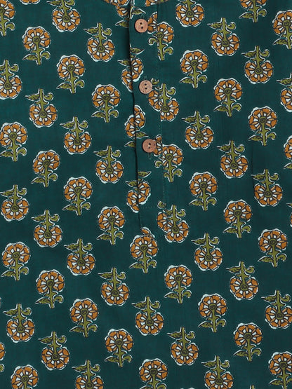 Floral Printed Mandarin Collar Full Sleeves Kurta and Pant Set For Boys-Teal