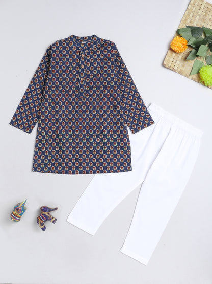Floral Printed Mandarin Collar Full Sleeves Kurta and Pant Set For Boys-Blue
