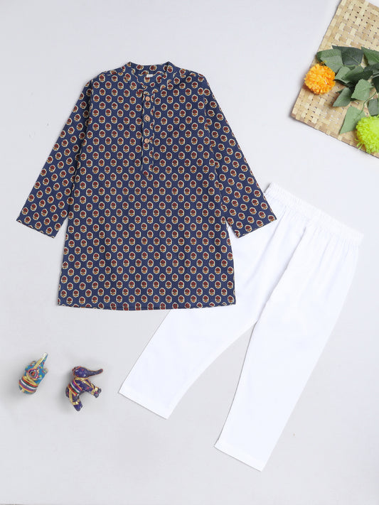 Floral Printed Mandarin Collar Full Sleeves Kurta and Pant Set For Boys-Blue