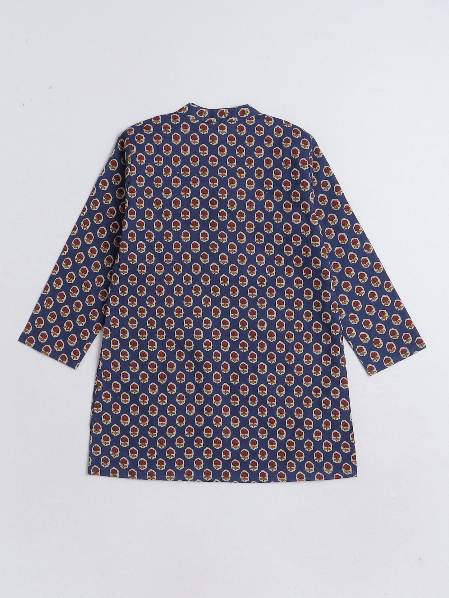 Floral Printed Mandarin Collar Full Sleeves Kurta and Pant Set For Boys-Blue