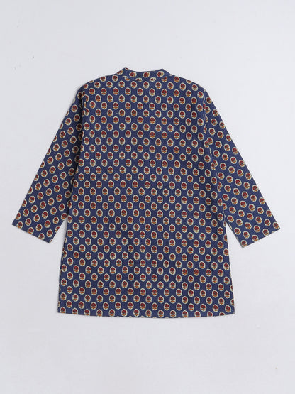 Floral Printed Mandarin Collar Full Sleeves Kurta and Pant Set For Boys-Blue