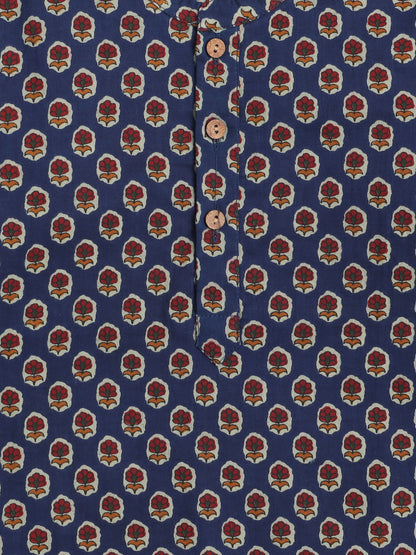 Floral Printed Mandarin Collar Full Sleeves Kurta and Pant Set For Boys-Blue