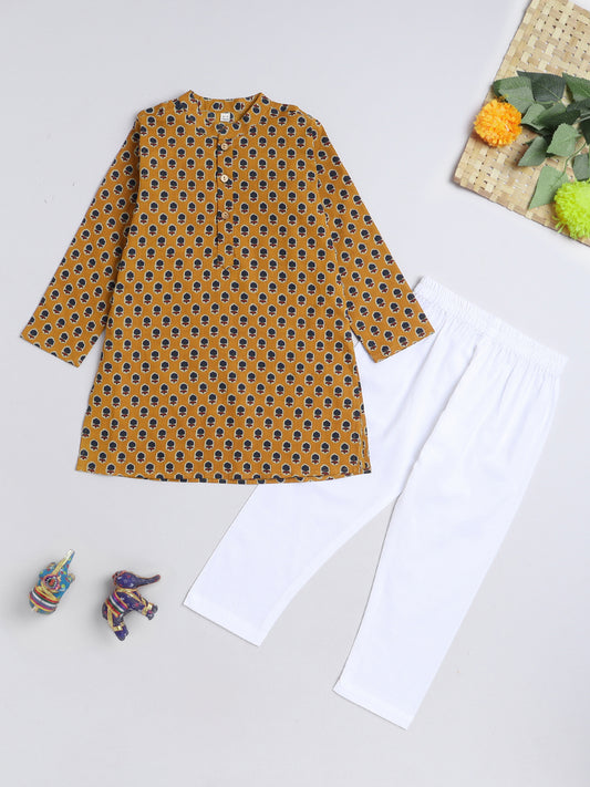 Floral Printed Mandarin Collar Full Sleeves Kurta and Pant Set For Boys-Mustard