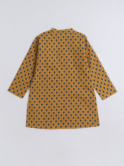 Floral Printed Mandarin Collar Full Sleeves Kurta and Pant Set For Boys-Mustard