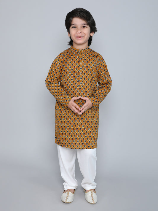 Floral Printed Mandarin Collar Full Sleeves Kurta and Pant Set -Mustard