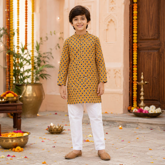 Floral Printed Mandarin Collar Full Sleeves Kurta and Pant Set -Mustard