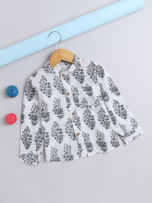 Full Sleeves Floral Printed Chinese Collar Casual Shirt For Boys-White