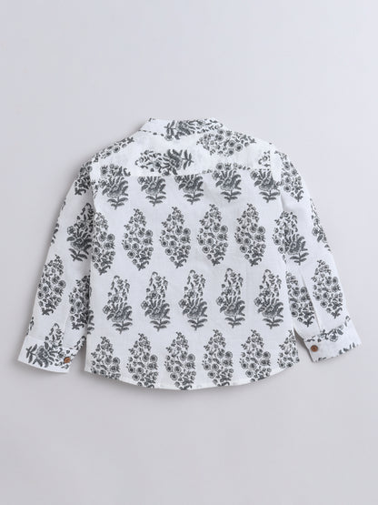 Full Sleeves Floral Printed Chinese Collar Casual Shirt For Boys-White