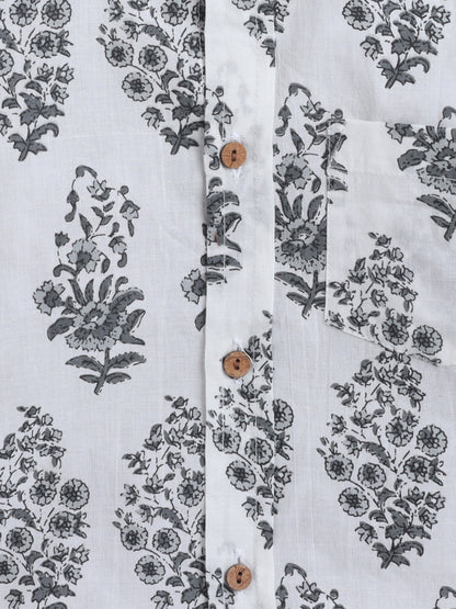 Full Sleeves Floral Printed Chinese Collar Casual Shirt For Boys-White