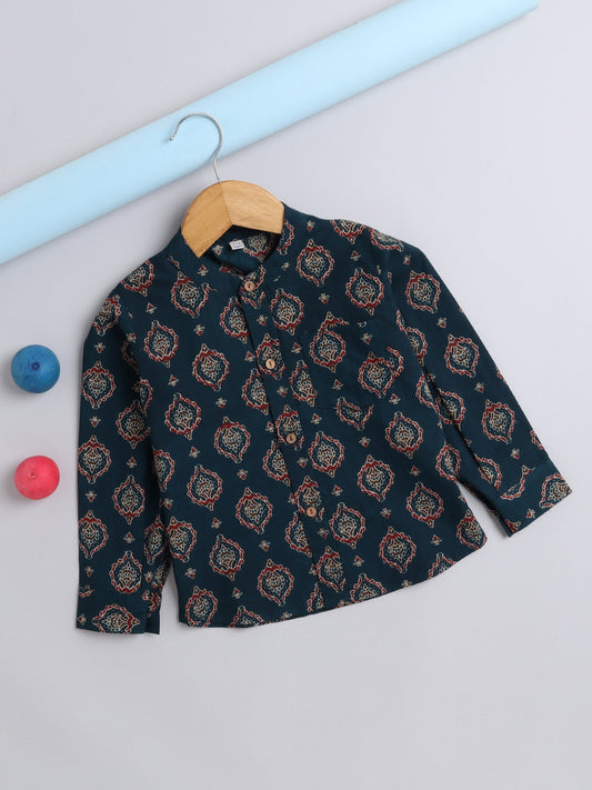 The Magic Wand Full Sleeves Floral Printed Chinese Collar Casual Shirt For Boys Teal