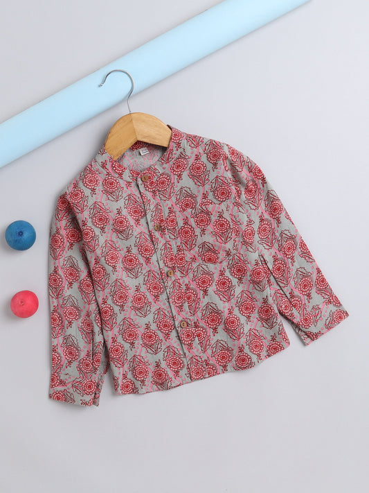 The Magic Wand Full Sleeves Floral Printed Chinese Collar Casual Shirt For Boys Grey