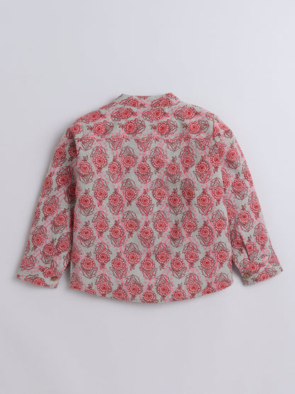 The Magic Wand Full Sleeves Floral Printed Chinese Collar Casual Shirt For Boys Grey