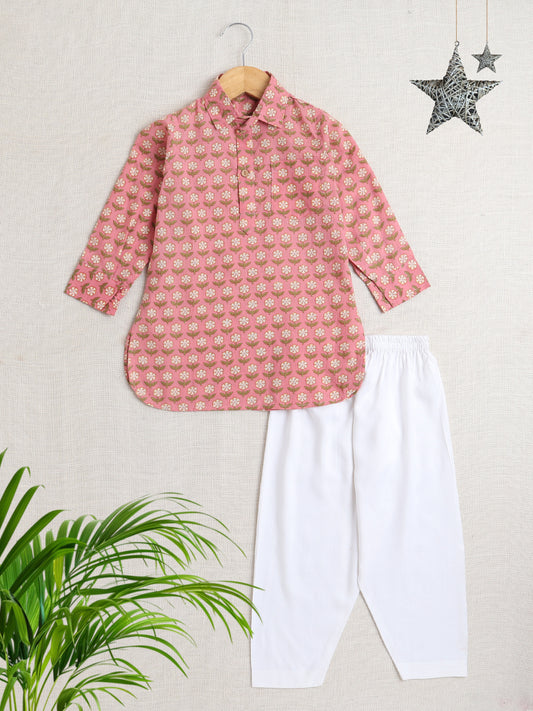 Full Sleeves Floral Printed Pathani Kurta and Pant For Boys-Peach