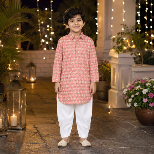 Full Sleeves Floral Printed Pathani Kurta And Pant - Peach