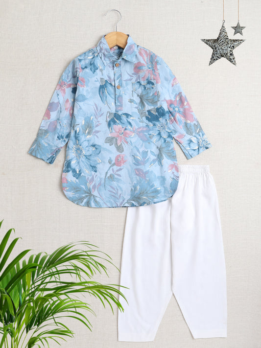 Full Sleeves Floral Printed Pathani Kurta and Pant For Boys-Blue