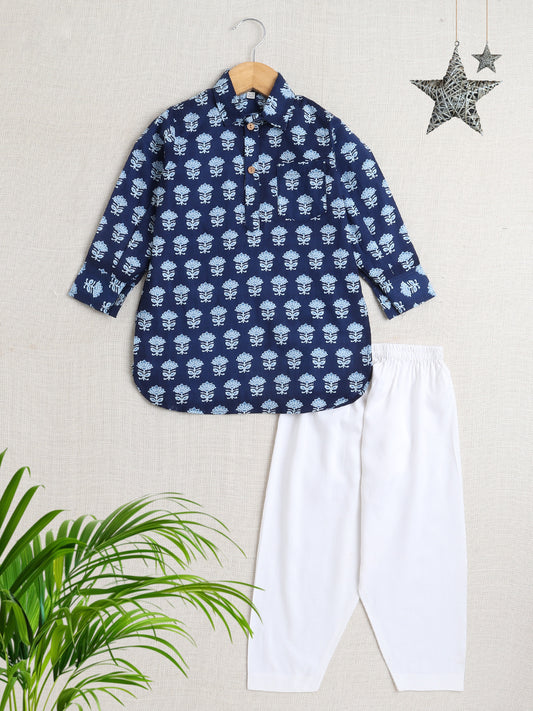 Full Sleeves Floral Printed Pathani Kurta and Pant For Boys-Navy Blue