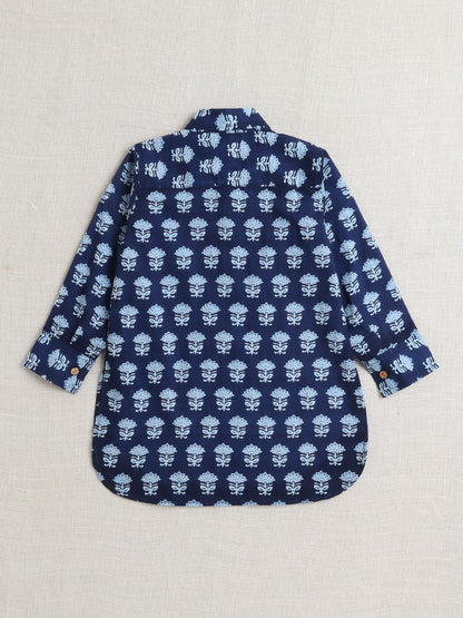 Full Sleeves Floral Printed Pathani Kurta and Pant For Boys-Navy Blue