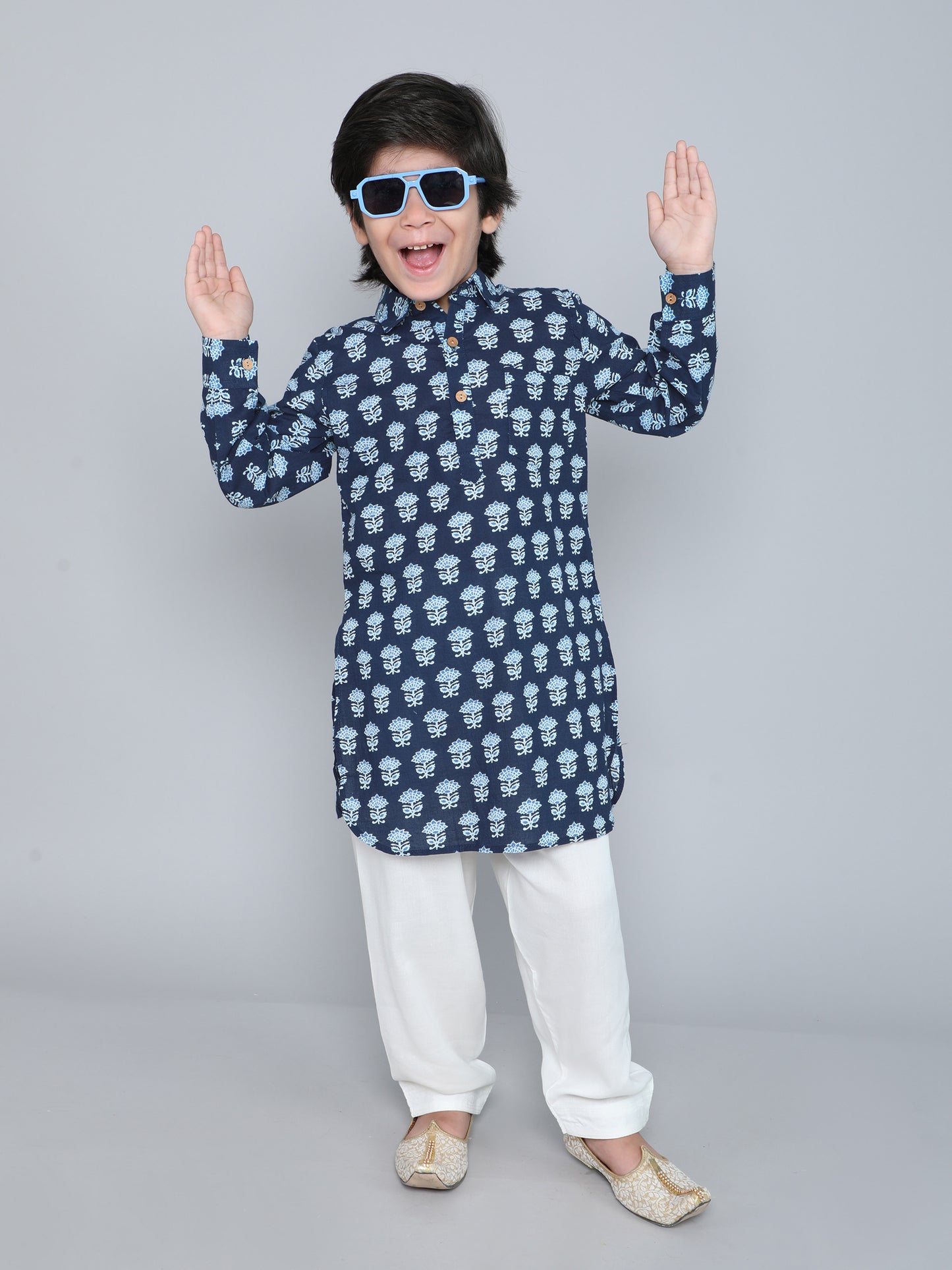 Full Sleeves Floral Printed Pathani Kurta and Pant For Boys-Navy Blue