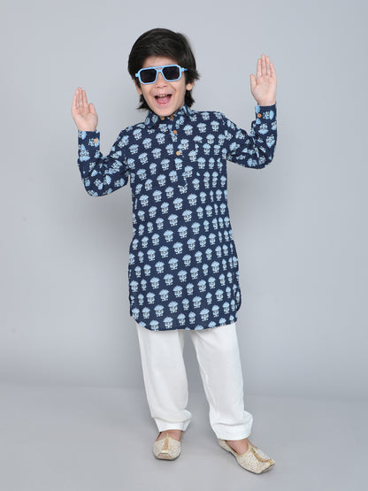 Full Sleeves Floral Printed Pathani Kurta and Pant For Boys-Navy Blue
