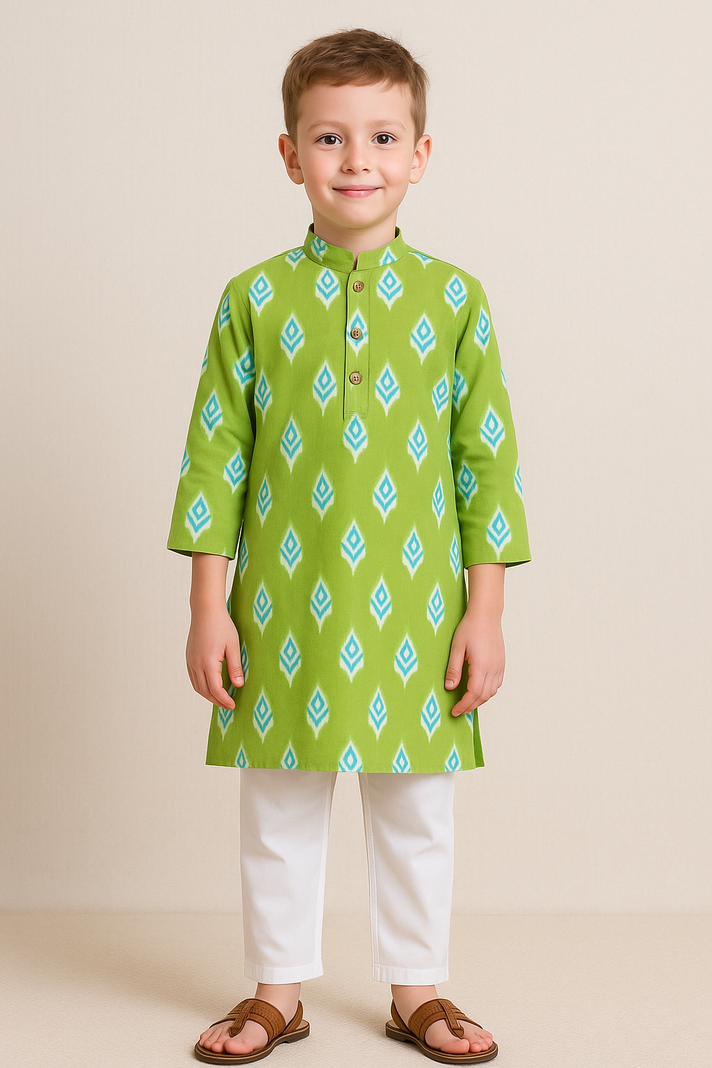 Full Sleeves Ikat Design Motif Printed Kurta With Pant -Green