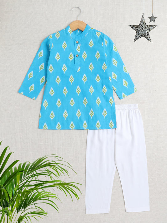 Full Sleeves Ikat Design Motif Printed Kurta With Pant For Boys-Blue