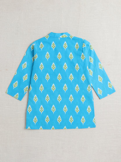 Full Sleeves Ikat Design Motif Printed Kurta With Pant For Boys-Blue