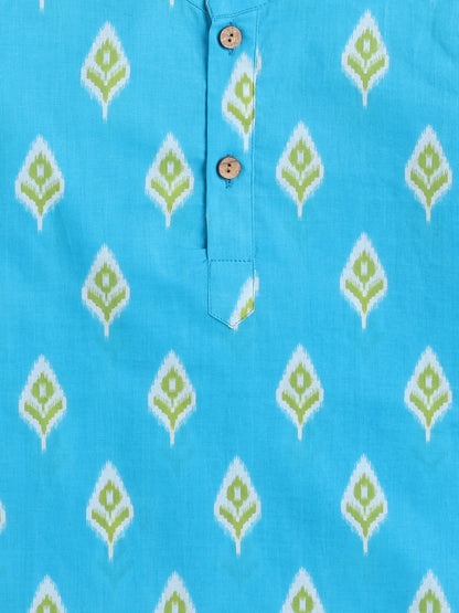 Full Sleeves Ikat Design Motif Printed Kurta With Pant For Boys-Blue