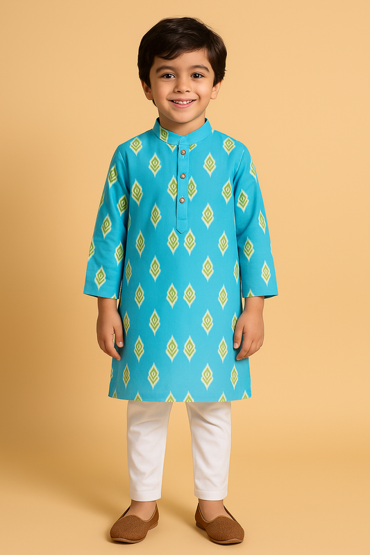 Full Sleeves Ikat Design Motif Printed Kurta With Pant -Blue