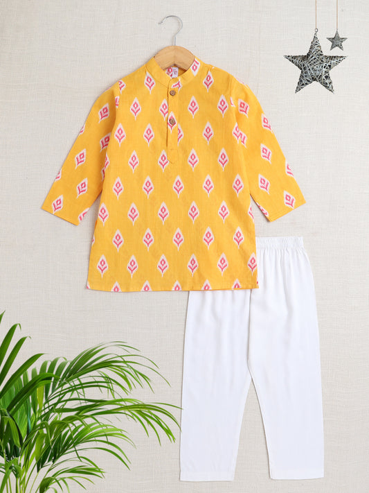 Full Sleeves Ikat Design Motif Printed Kurta With Pant For Boys-Yellow