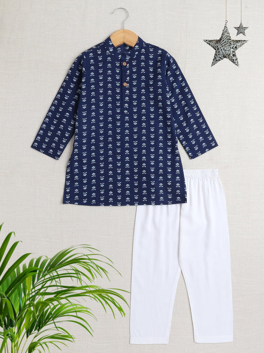Full Sleeves Floral Printed Kurta With Pant For Boys-Navy Blue