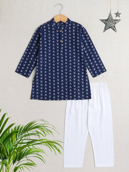 Full Sleeves Floral Printed Kurta Set -  Navy Blue