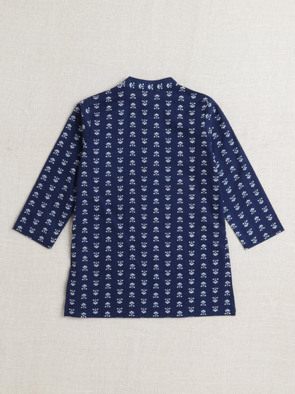 Full Sleeves Floral Printed Kurta With Pant For Boys-Navy Blue