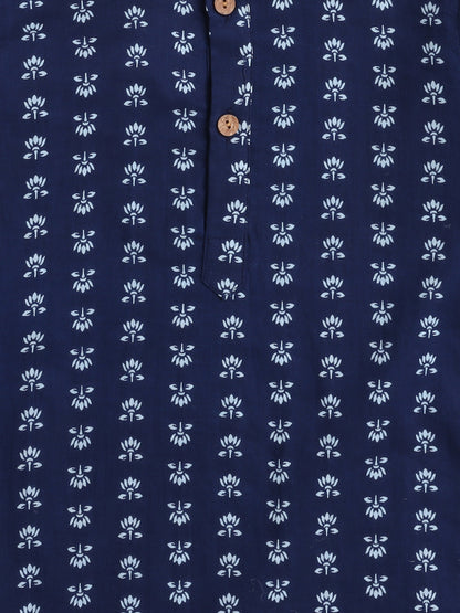 Full Sleeves Floral Printed Kurta With Pant For Boys-Navy Blue