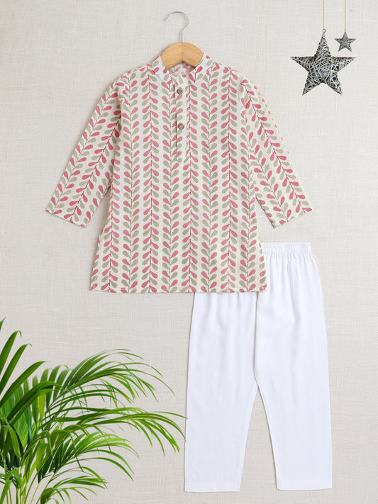 Full Sleeves All Over Printed Kurta With Pant For Boys-Off White