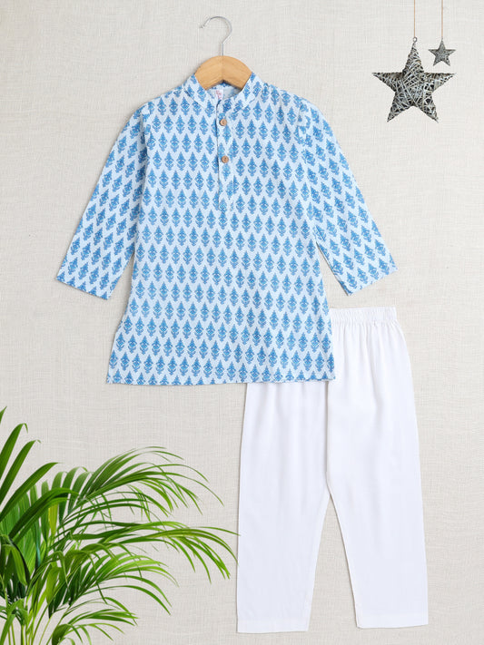Full Sleeves Floral Printed Kurta With Pant For Boys-Blue
