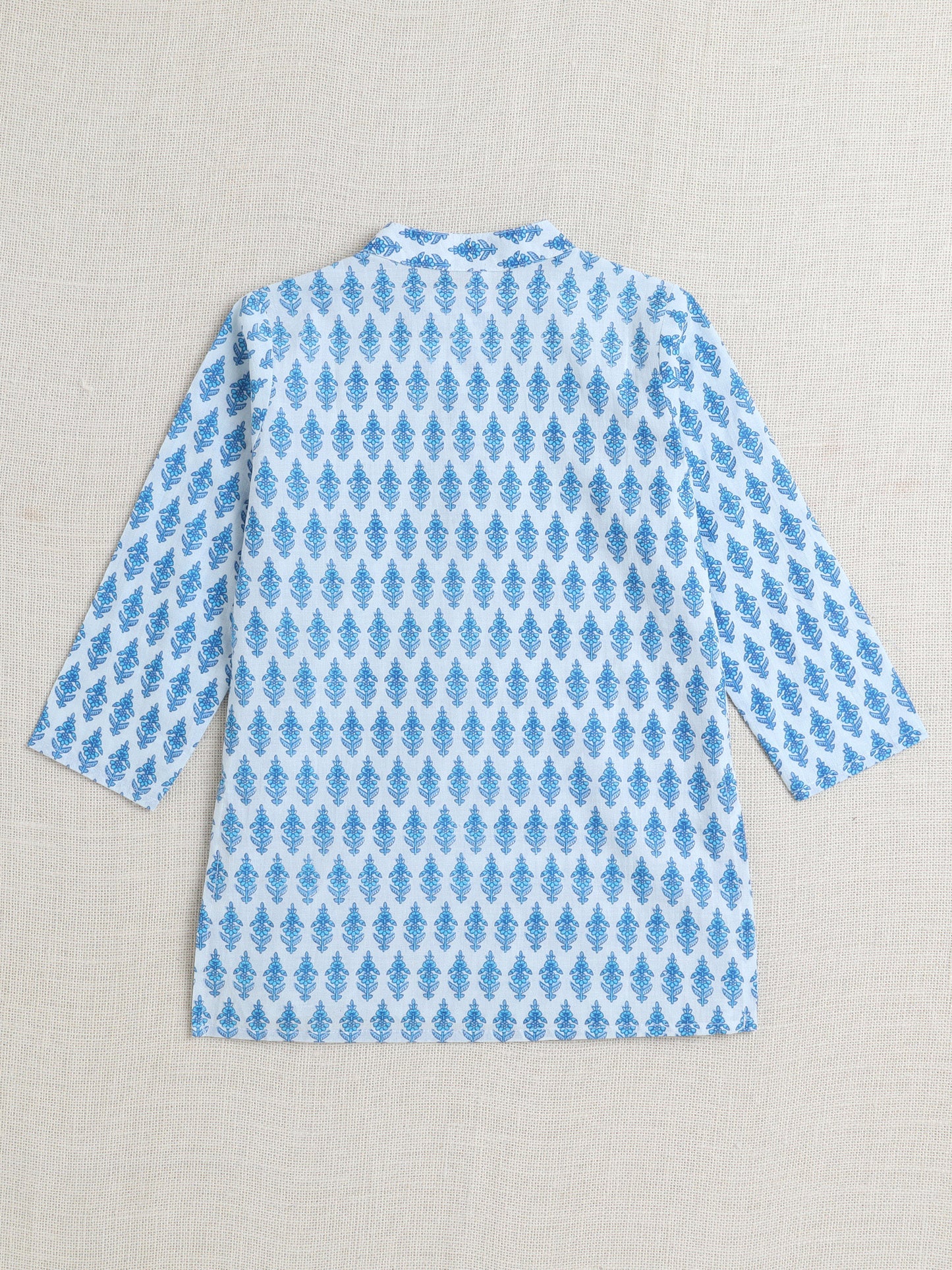 Full Sleeves Floral Printed Kurta With Pant For Boys-Blue