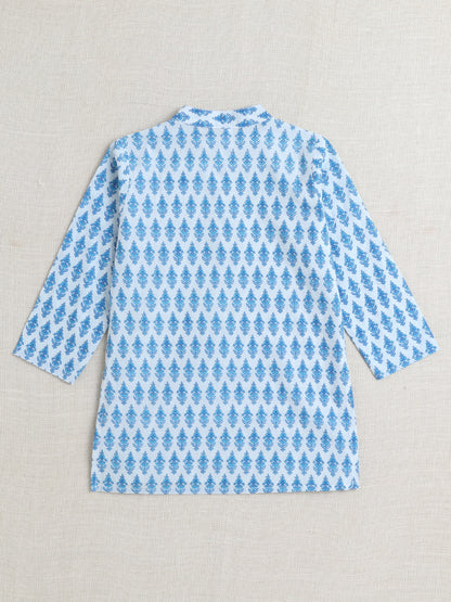 Full Sleeves Floral Printed Kurta With Pant For Boys-Blue