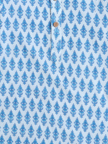 Full Sleeves Floral Printed Kurta With Pant For Boys-Blue