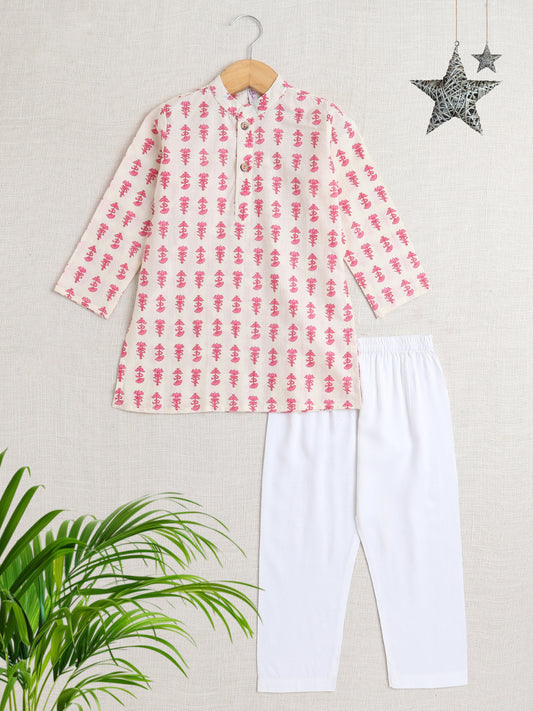 Full Sleeves Floral Printed Kurta With Pant For Boys-Off White