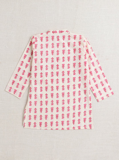 Full Sleeves Floral Printed Kurta With Pant For Boys-Off White